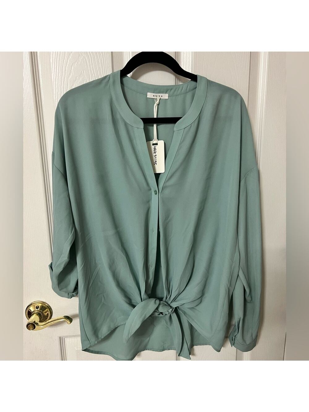 NWOT Robin K Elegant Sage Green Tie-Front Blouse (Anthropologie)